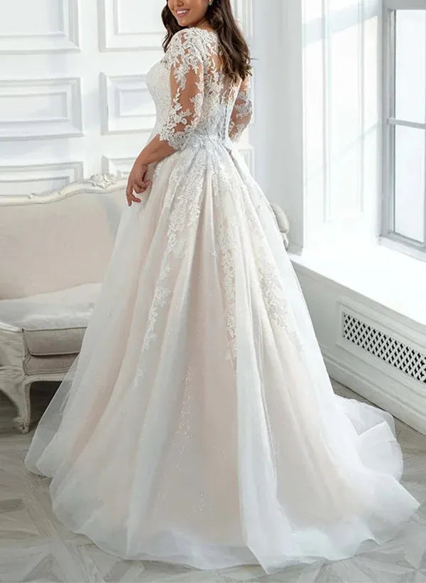 Romantic Classic Plus Size Illusion Neck Lace A-Line Tea-Length Wedding Dress with 3/4 Sleeves