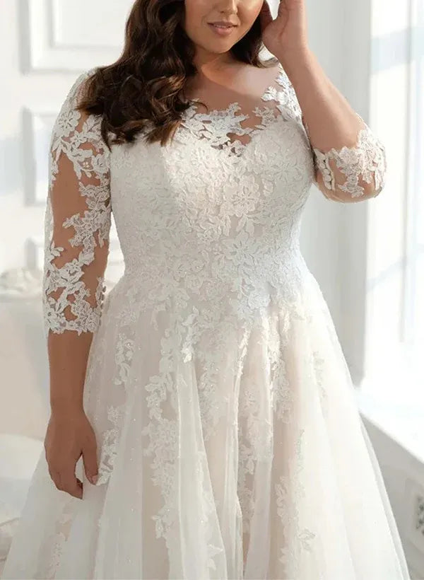 Romantic Classic Plus Size Illusion Neck Lace A-Line Tea-Length Wedding Dress with 3/4 Sleeves