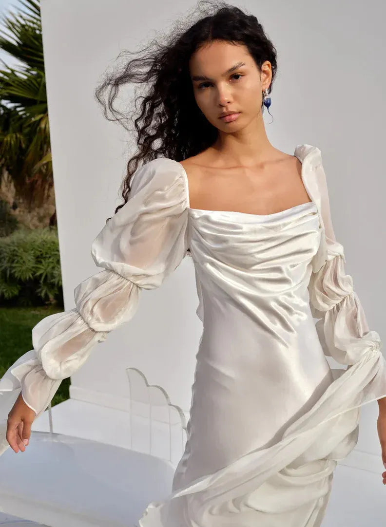 Romantic Classic Square Neck Puff Sleeve Satin Ankle-Length Wedding Dress with High Slit & Train