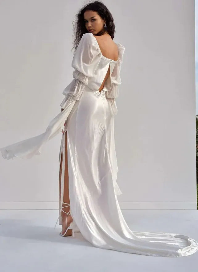 Romantic Classic Square Neck Puff Sleeve Satin Ankle-Length Wedding Dress with High Slit & Train