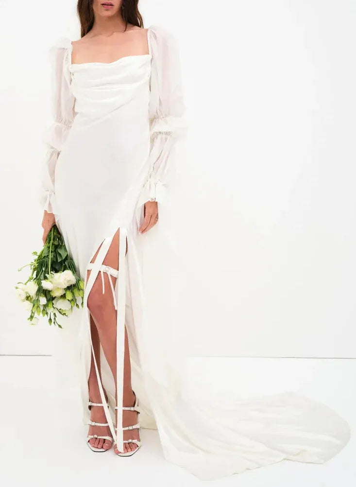 Romantic Classic Square Neck Puff Sleeve Satin Ankle-Length Wedding Dress with High Slit & Train