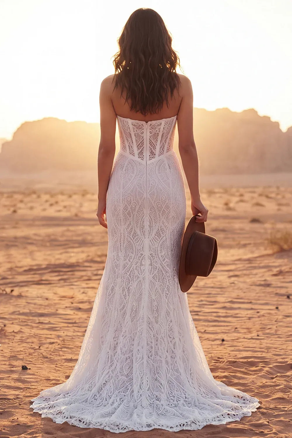 Romantic Classic Strapless Corset Lace Mermaid Wedding Dress Sleeveless with Slit