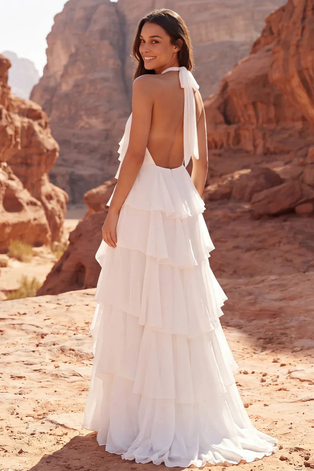 Romantic Halter Neck Tiered Chiffon A-Line Wedding Dress Ankle-Length with Floral Detail