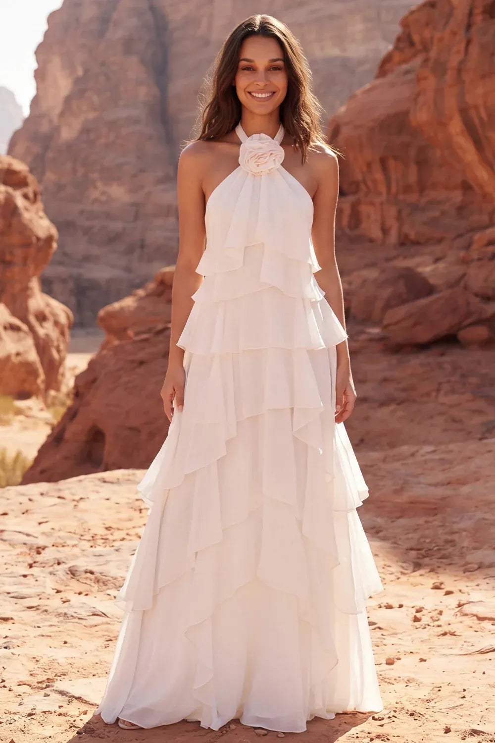 Romantic Halter Neck Tiered Chiffon A-Line Wedding Dress Ankle-Length with Floral Detail