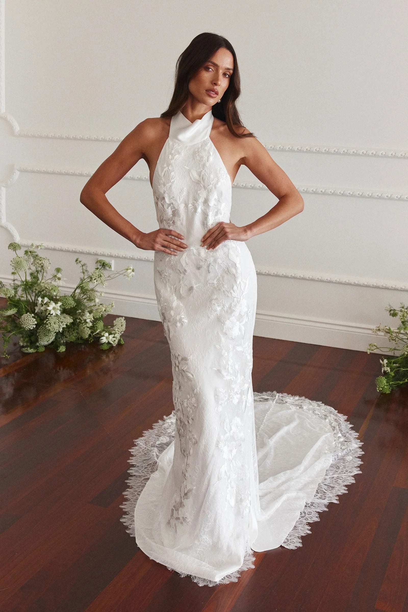 Romantic Halter Neck White 3D Floral Lace Mermaid Wedding Dress with Open Back and Veil