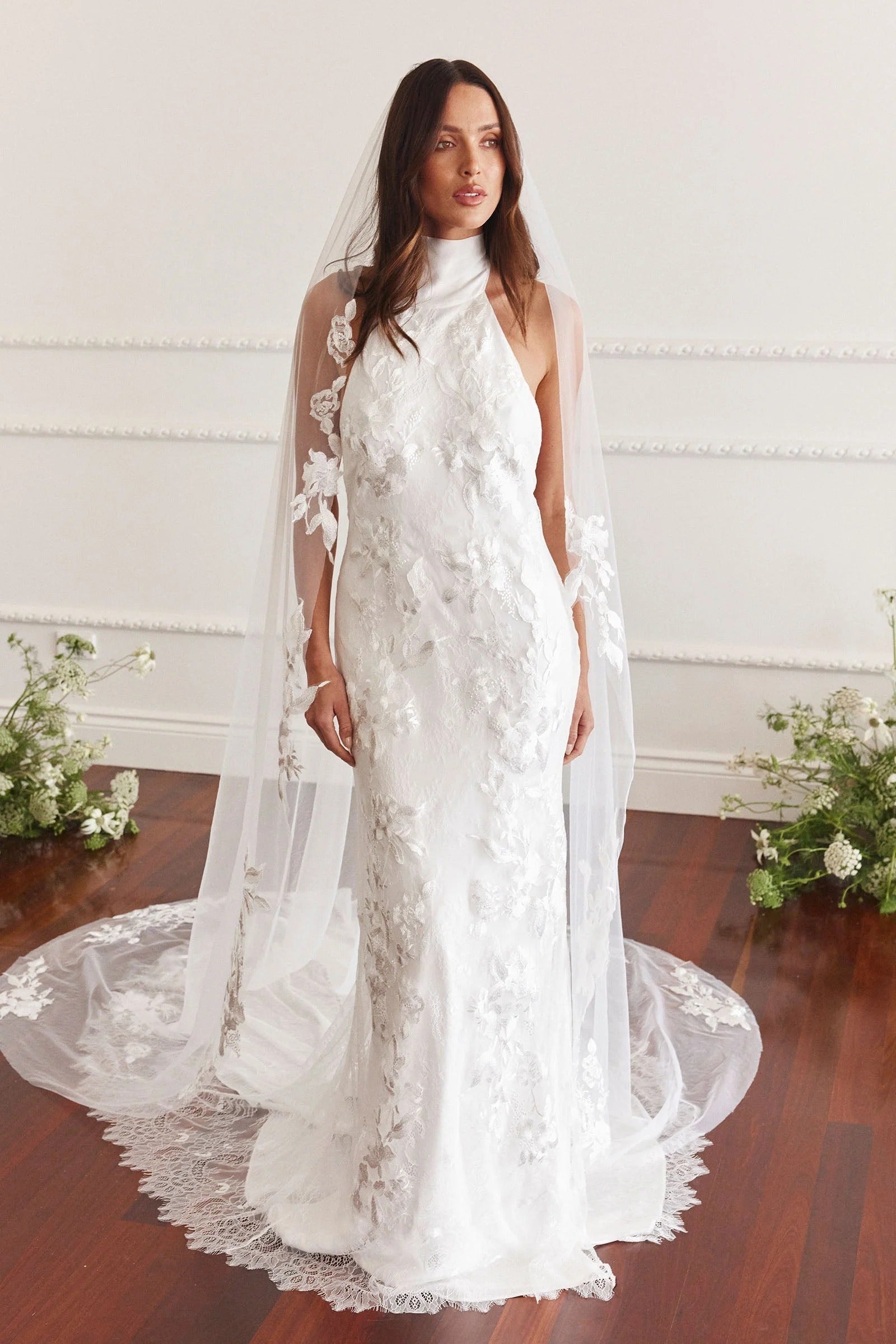 Romantic Halter Neck White 3D Floral Lace Mermaid Wedding Dress with Open Back and Veil