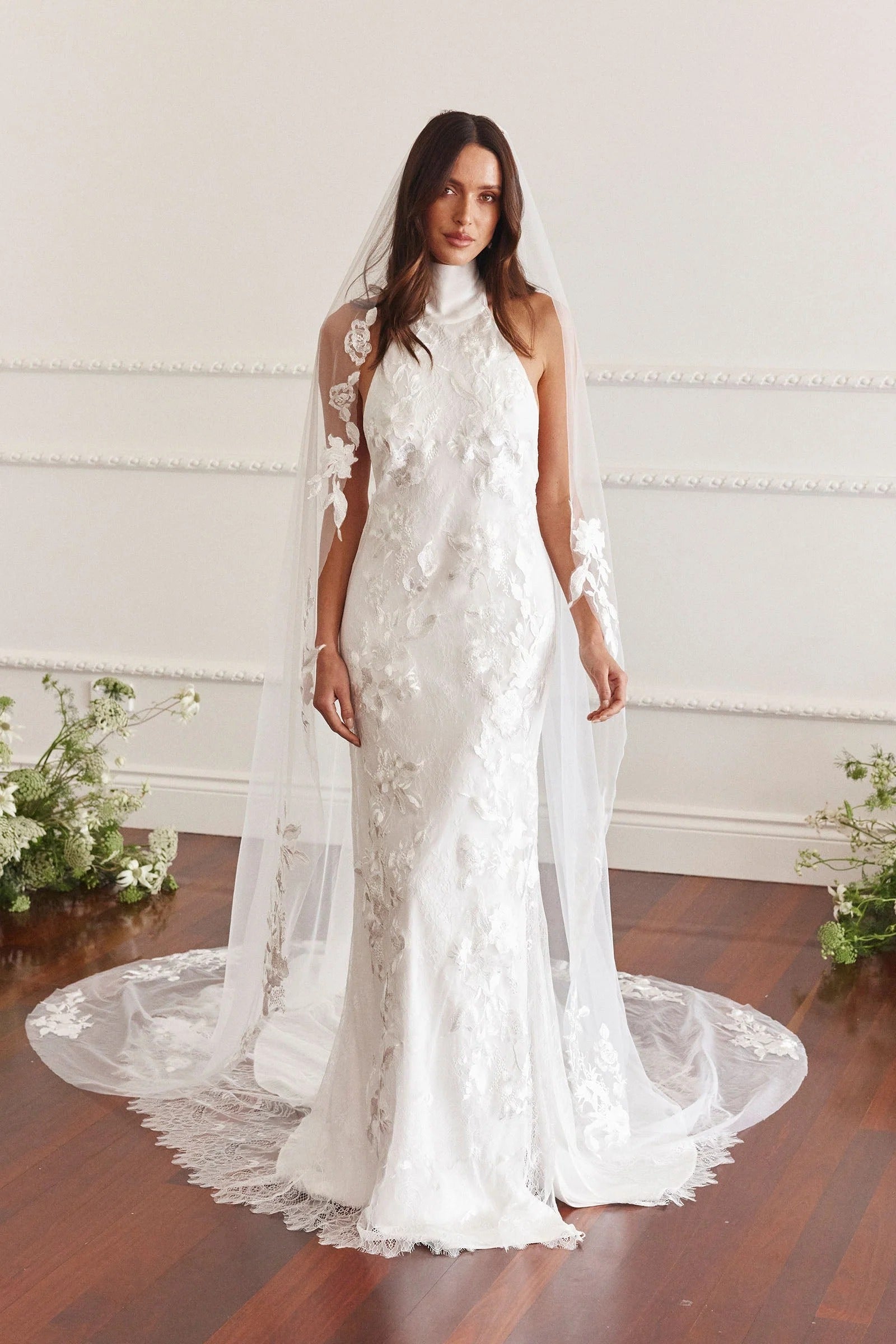 Romantic Halter Neck White 3D Floral Lace Mermaid Wedding Dress with Open Back and Veil