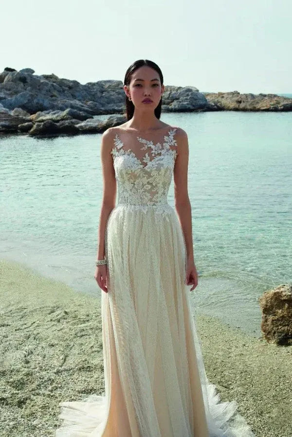 Romantic Illusion Neckline Lace Tulle A-Line Brush Train Wedding Dress with Beaded Appliqués