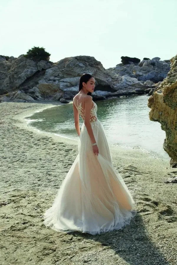 Romantic Illusion Neckline Lace Tulle A-Line Brush Train Wedding Dress with Beaded Appliqués