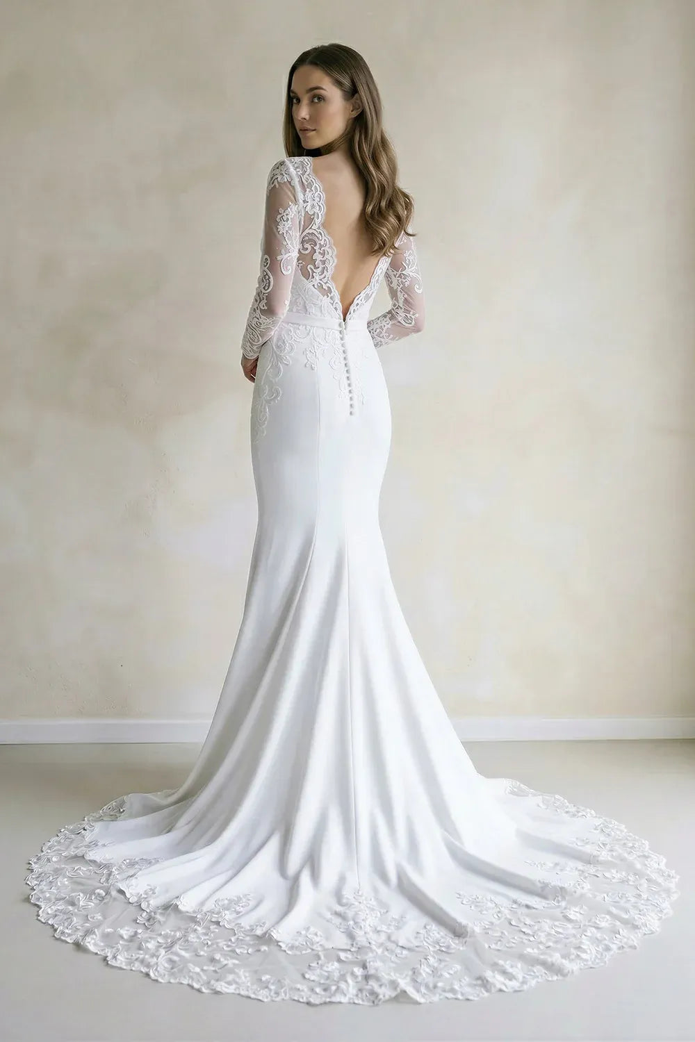 Romantic Modern Illusion Neck Long Sleeve Lace Mermaid Wedding Dress with Scalloped Train
