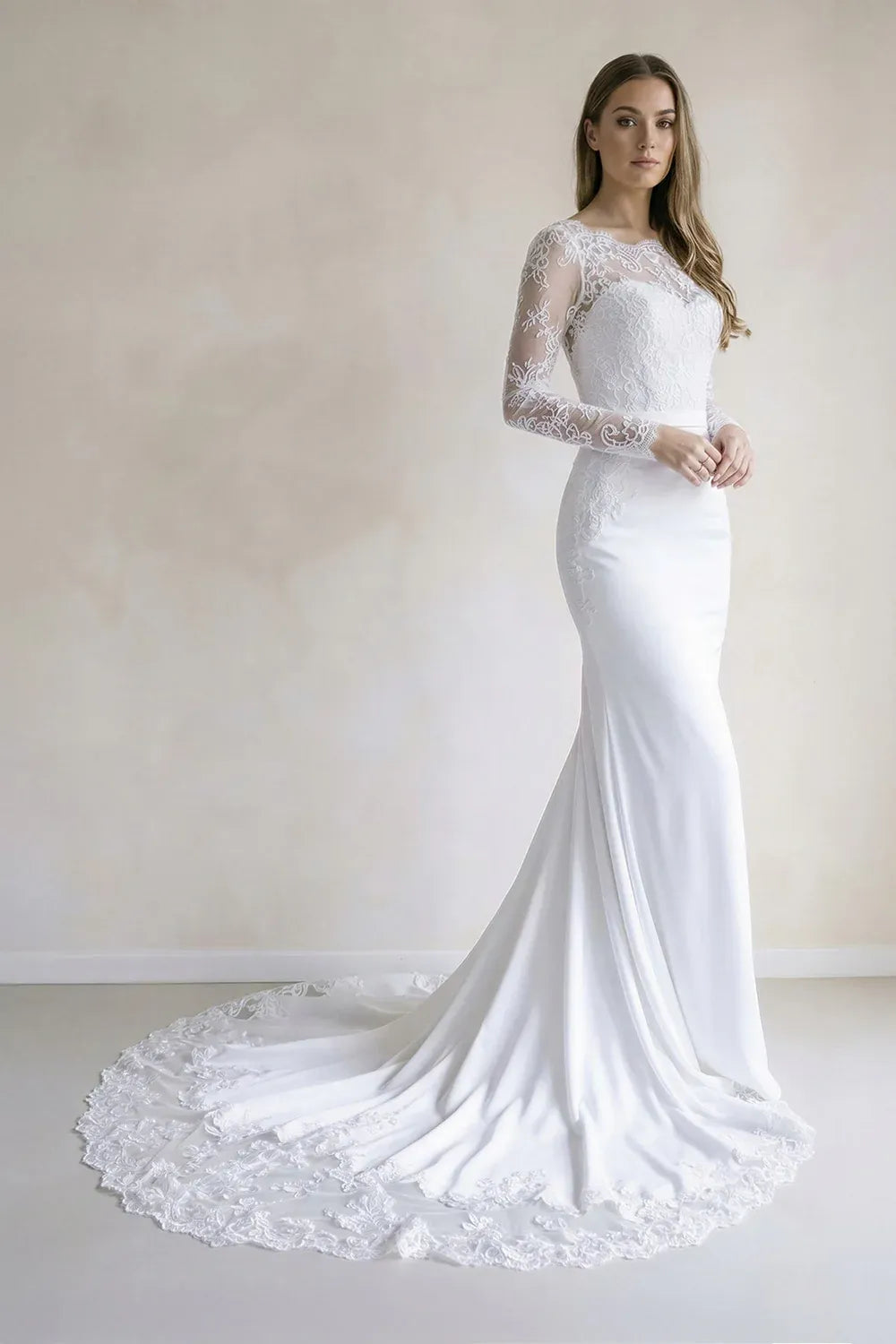 Romantic Modern Illusion Neck Long Sleeve Lace Mermaid Wedding Dress with Scalloped Train