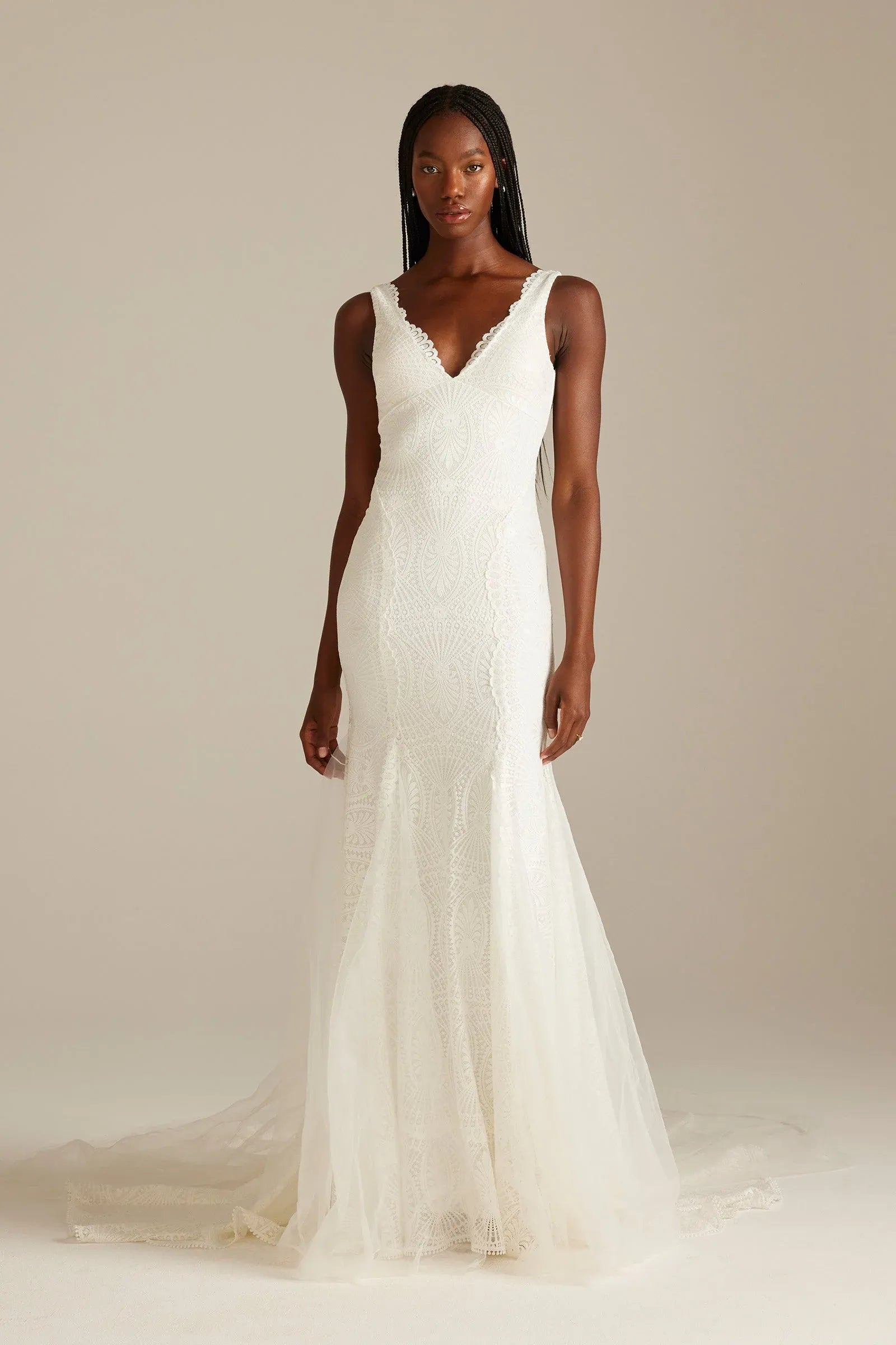 Romantic Modern Illusion Sleeveless Art Deco Lace Mermaid Wedding Dress with Low Back & Tulle Train