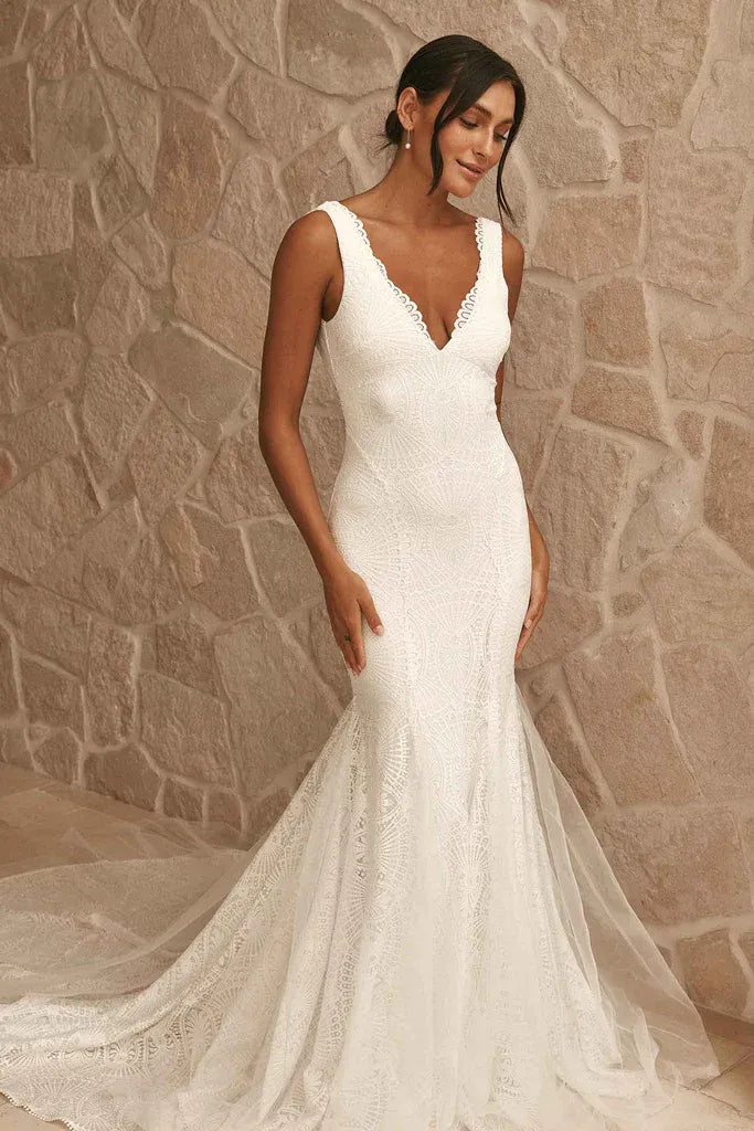Romantic Modern Illusion Sleeveless Art Deco Lace Mermaid Wedding Dress with Low Back & Tulle Train