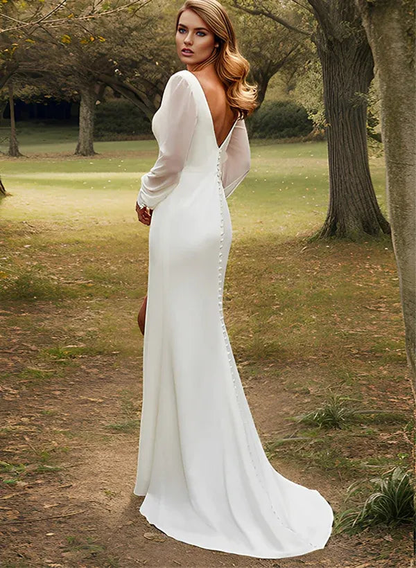 Romantic Modern  Minimalist Aesthetic Long Sleeve Chiffon Mermaid Wedding Dress with Plunge Neck and Slit