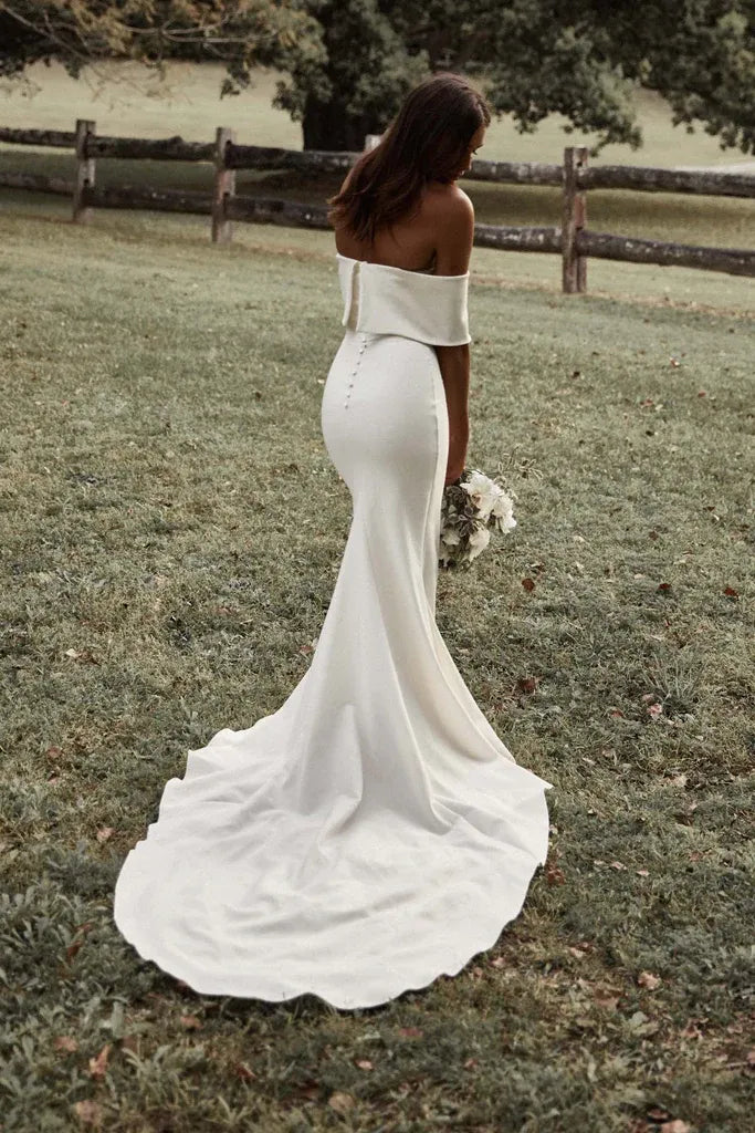 Romantic Modern Off-the-Shoulder Crepe Mermaid Wedding Dress with Folded Neckline & Train