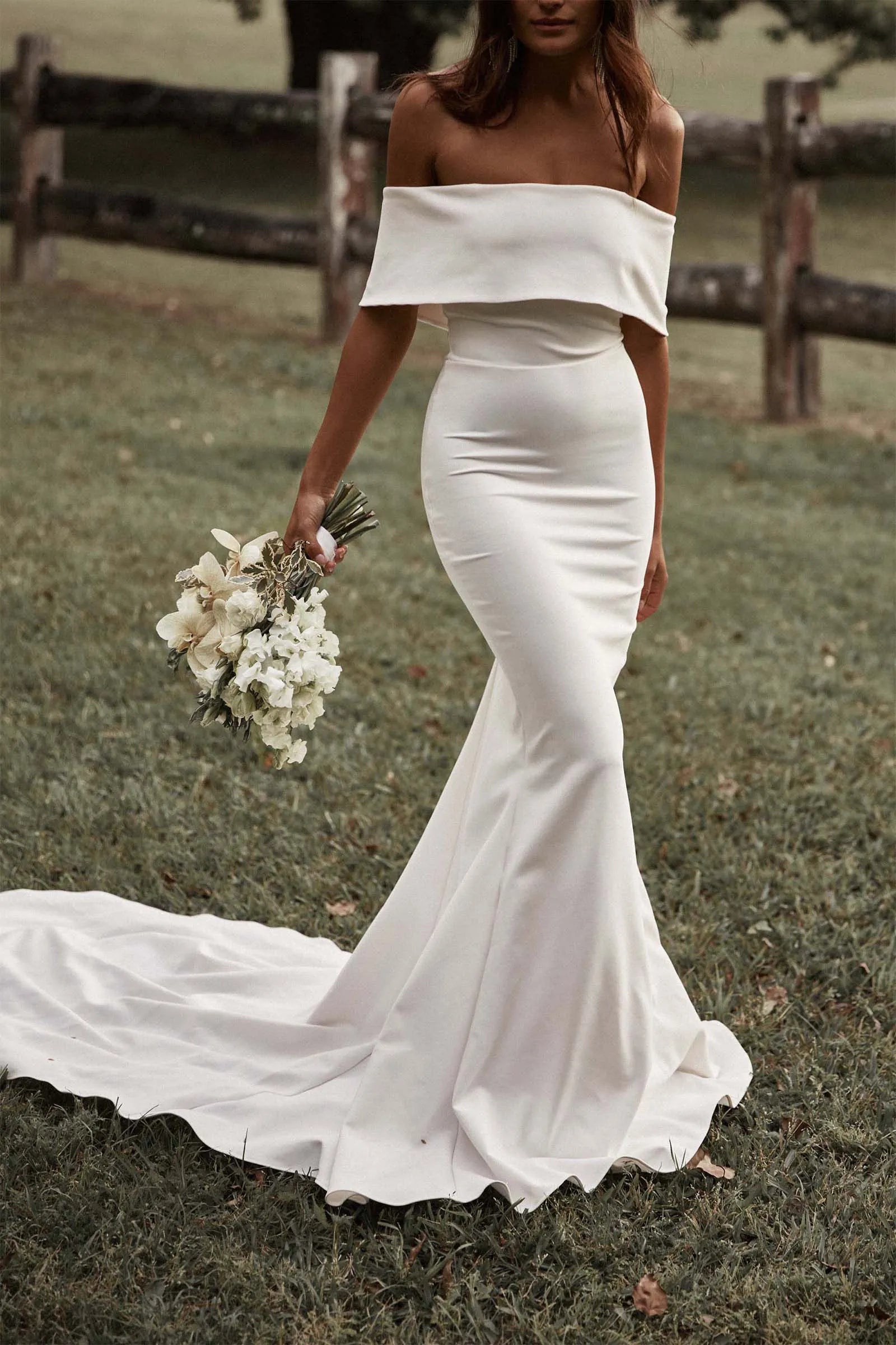 Romantic Modern Off-the-Shoulder Crepe Mermaid Wedding Dress with Folded Neckline & Train