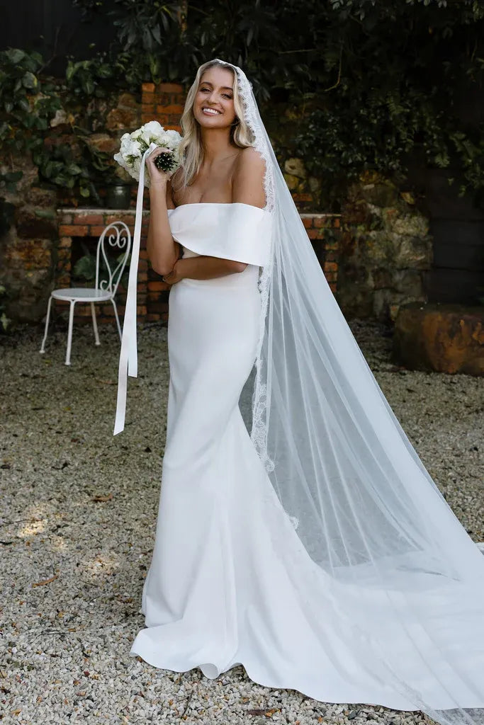 Romantic Modern Off-the-Shoulder Crepe Mermaid Wedding Dress with Folded Neckline & Train