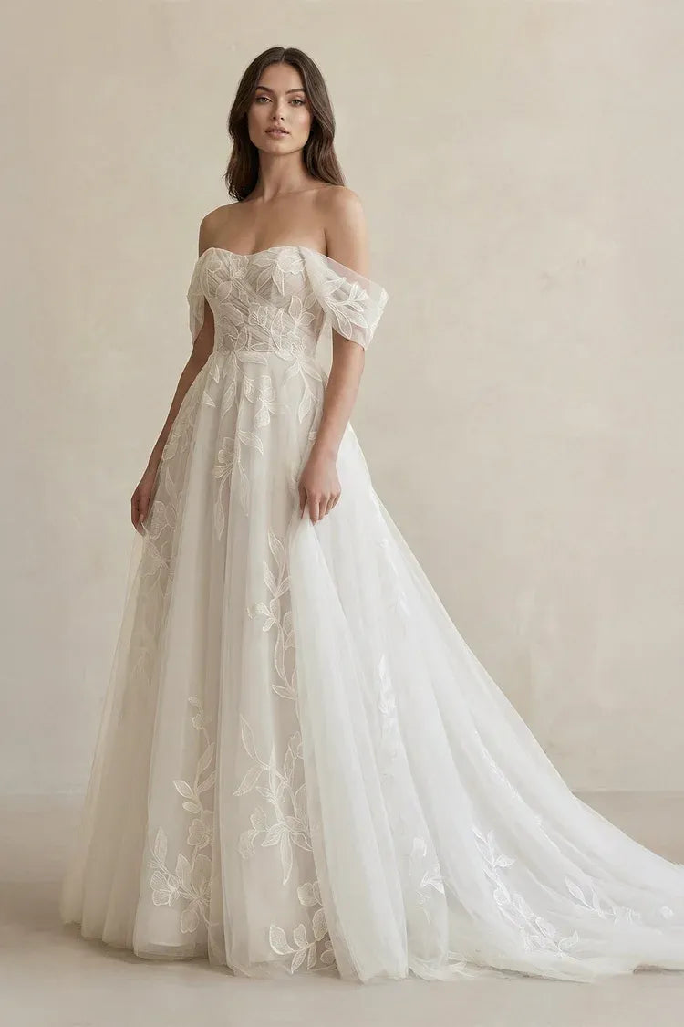 Romantic Modern Off-the-Shoulder Floral Lace Tulle A-Line Floor-Length Short Sleeve Wedding Dress