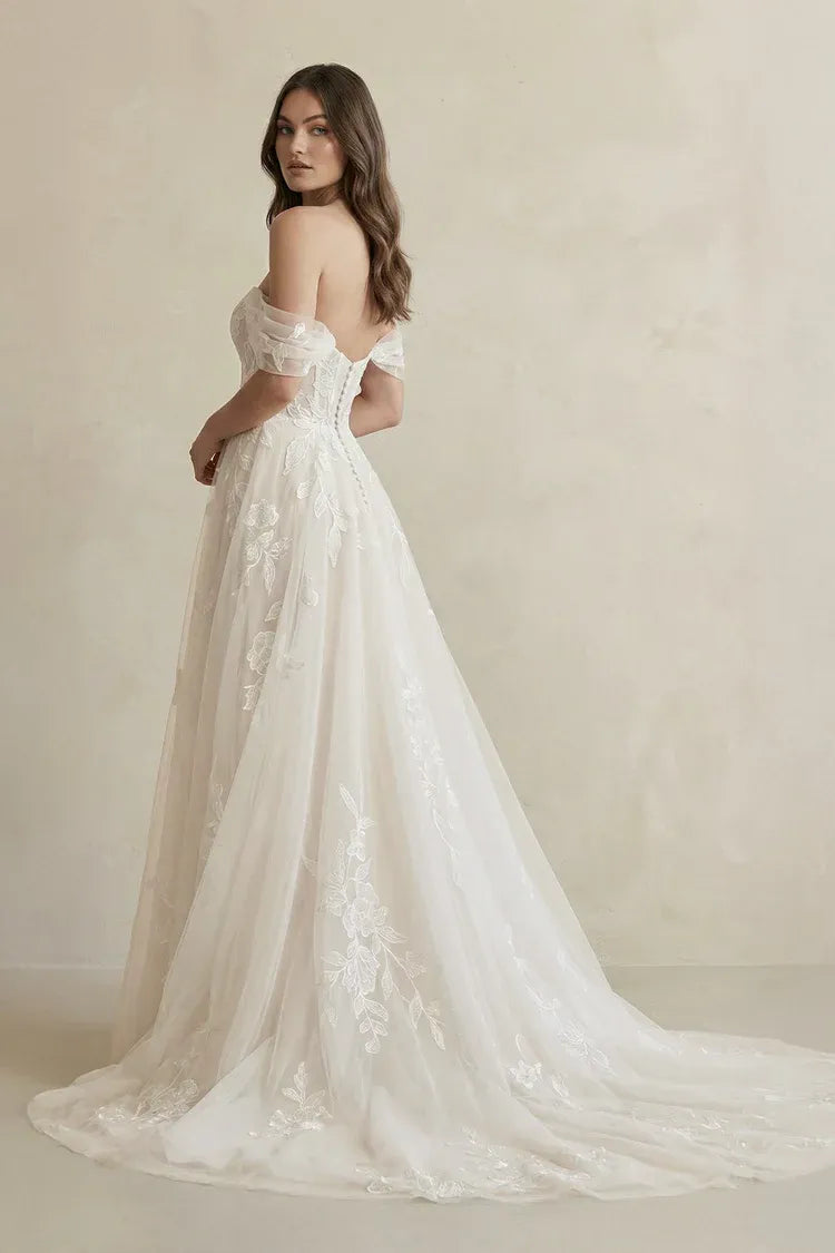 Romantic Modern Off-the-Shoulder Floral Lace Tulle A-Line Floor-Length Short Sleeve Wedding Dress