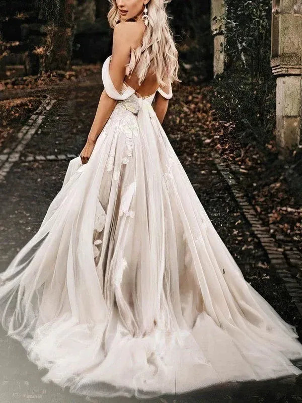 Romantic Modern Off-the-Shoulder Lace and Tulle A-Line Wedding Dress with Nude Lining Ball Gown