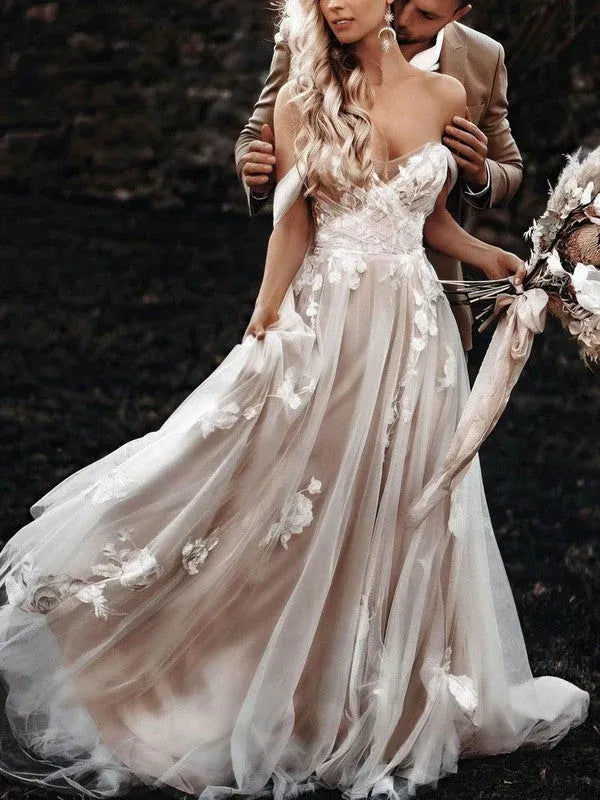 Romantic Modern Off-the-Shoulder Lace and Tulle A-Line Wedding Dress with Nude Lining Ball Gown
