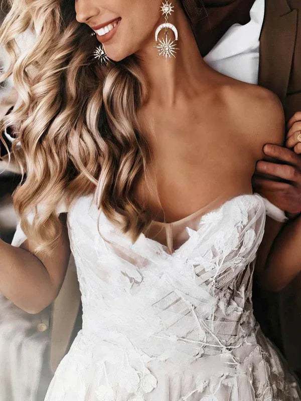 Romantic Modern Off-the-Shoulder Lace and Tulle A-Line Wedding Dress with Nude Lining Ball Gown