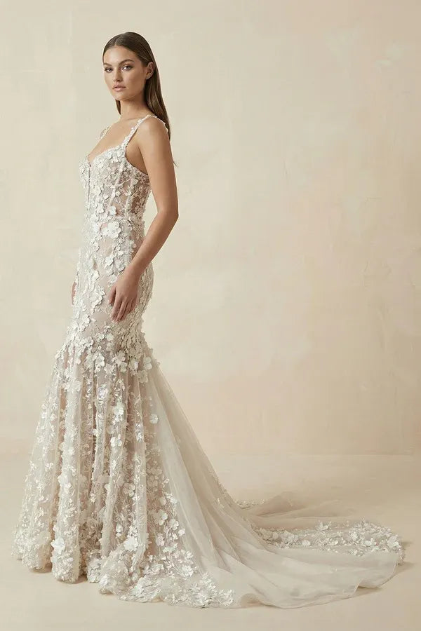 Romantic Modern Spaghetti Strap 3D Floral Lace Mermaid Wedding Dress mermaid Knee-Length
