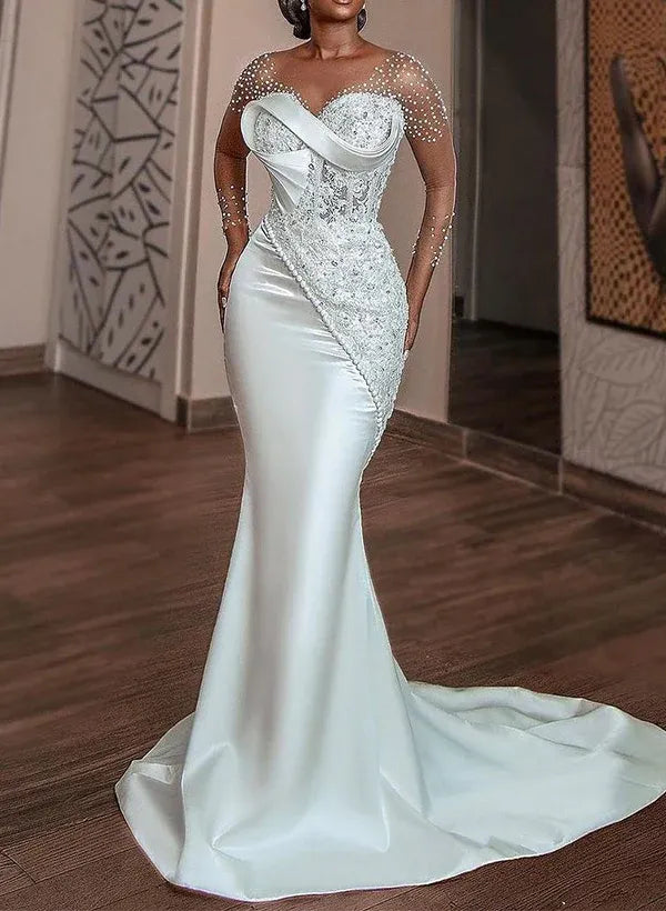 Romantic Rhinestone Illusion Pearl Sleeve Beaded Lace Mermaid Wedding Dress with Satin Train