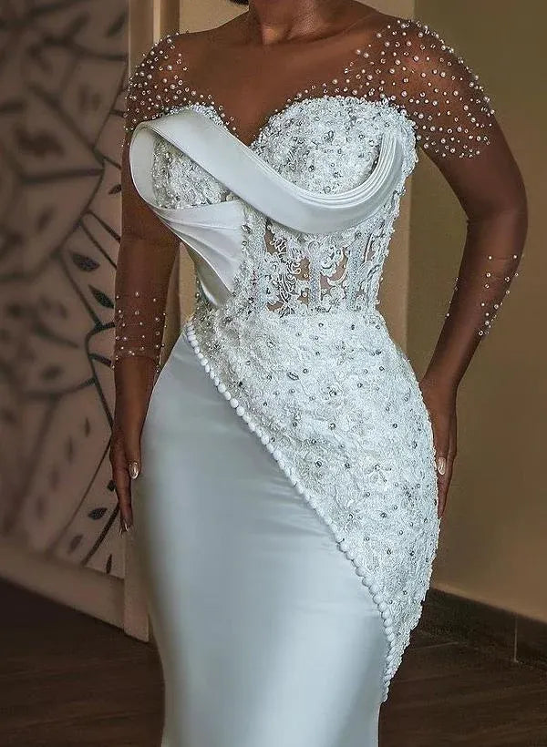Romantic Rhinestone Illusion Pearl Sleeve Beaded Lace Mermaid Wedding Dress with Satin Train