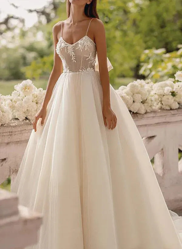 Romantic Rhinestone Spaghetti Strap Illusion Lace A-Line Ankle-Length Wedding Dress with Back Bow