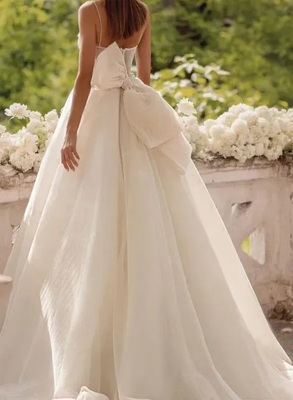 Romantic Rhinestone Spaghetti Strap Illusion Lace A-Line Ankle-Length Wedding Dress with Back Bow