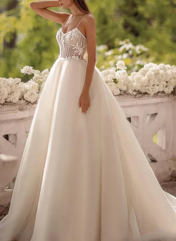 Romantic Rhinestone Spaghetti Strap Illusion Lace A-Line Ankle-Length Wedding Dress with Back Bow