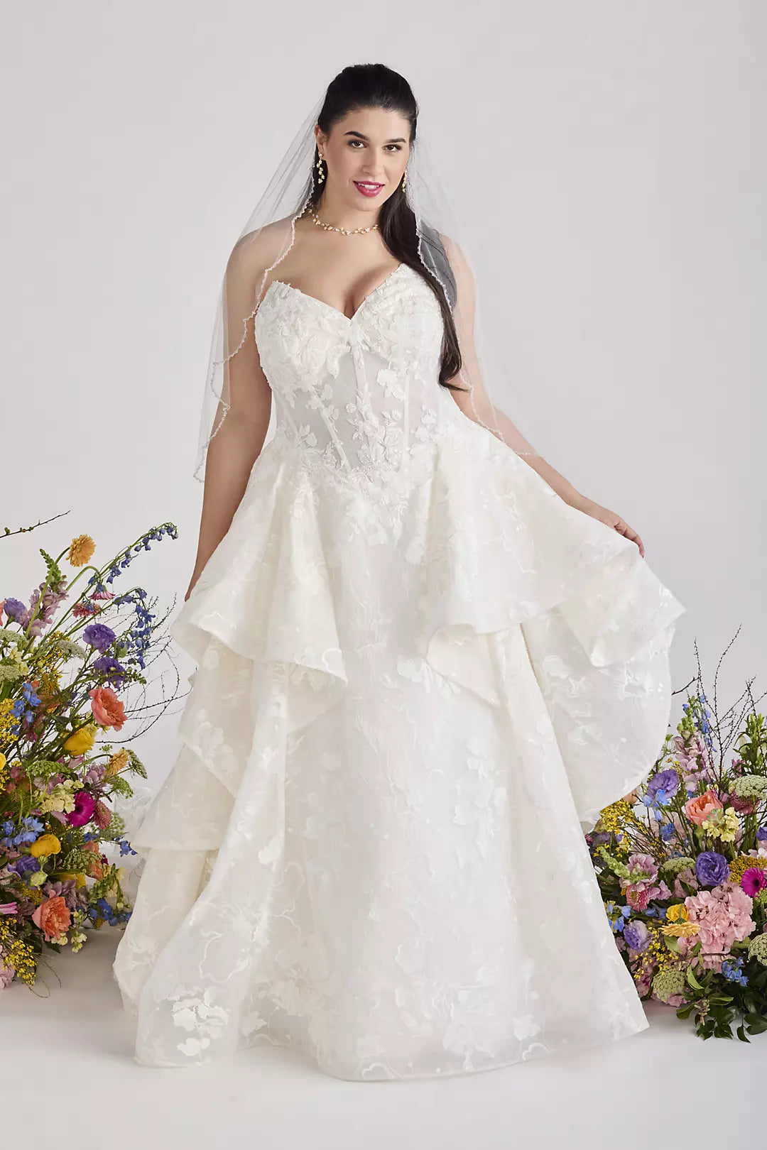Romantic Strapless 3D Floral Lace Ball Gown Wedding Dress with Ruffle Skirt and Lace-Up Back