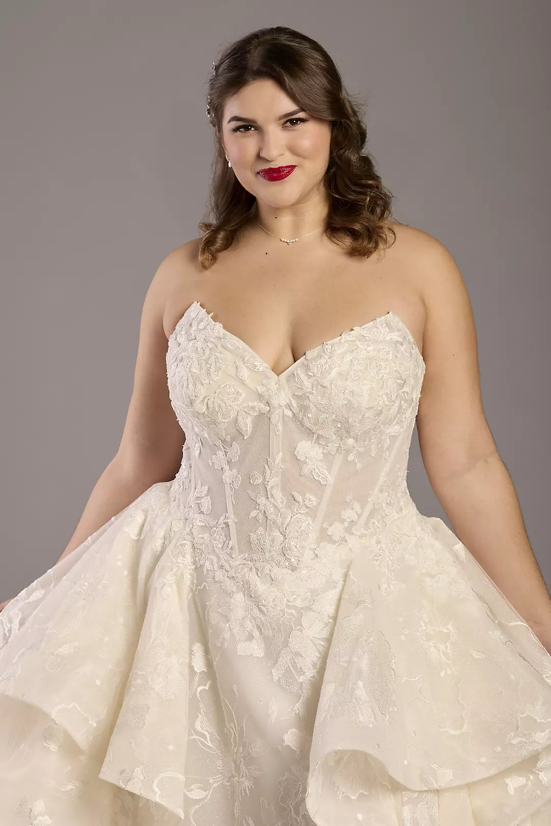 Romantic Strapless 3D Floral Lace Ball Gown Wedding Dress with Ruffle Skirt and Lace-Up Back