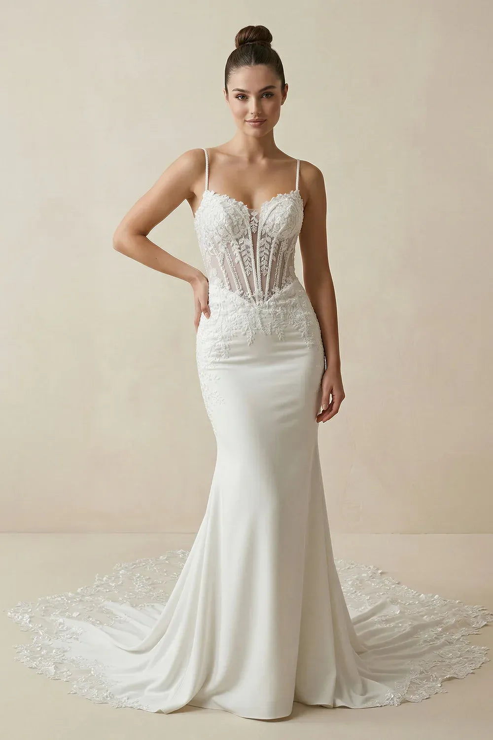 Romantic Sweetheart Neckline Corset Lace Mermaid Wedding Dress with Sheer Floral Train