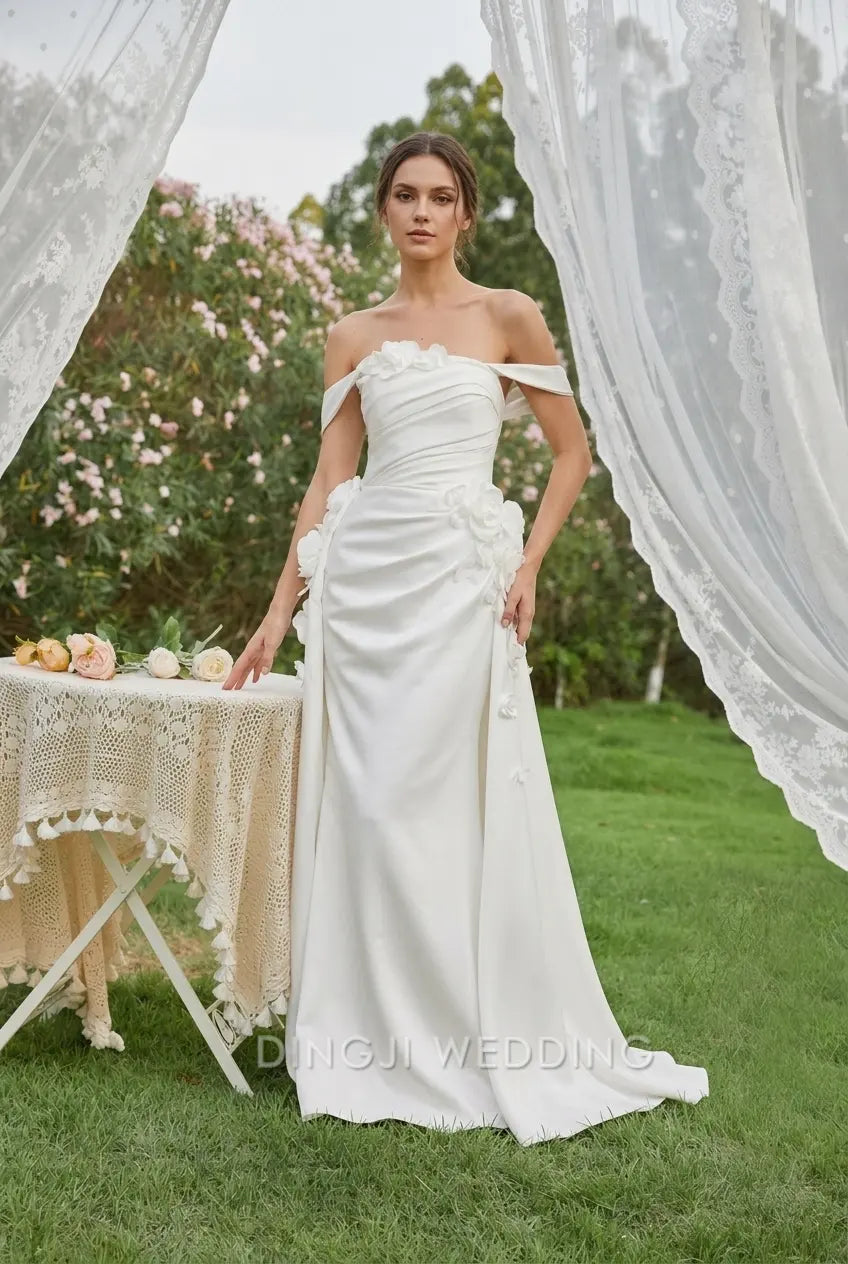 Romantic A-Line Off-Shoulder Sleeveless Floral Draped White Floor-Length Wedding Dresses Bridal Gown