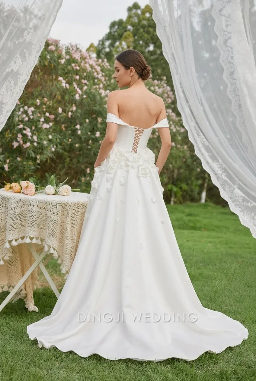 Romantic A-Line Off-Shoulder Sleeveless Floral Draped White Floor-Length Wedding Dresses Bridal Gown
