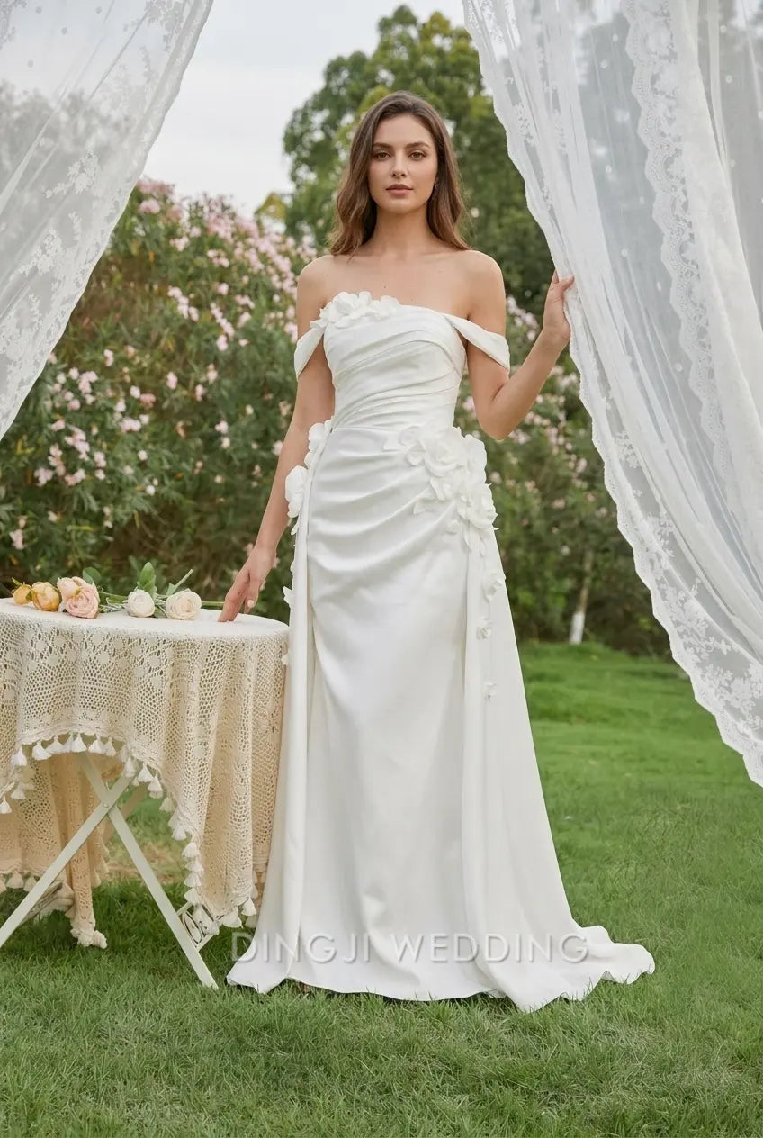 Romantic A-Line Off-Shoulder Sleeveless Floral Draped White Floor-Length Wedding Dresses Bridal Gown