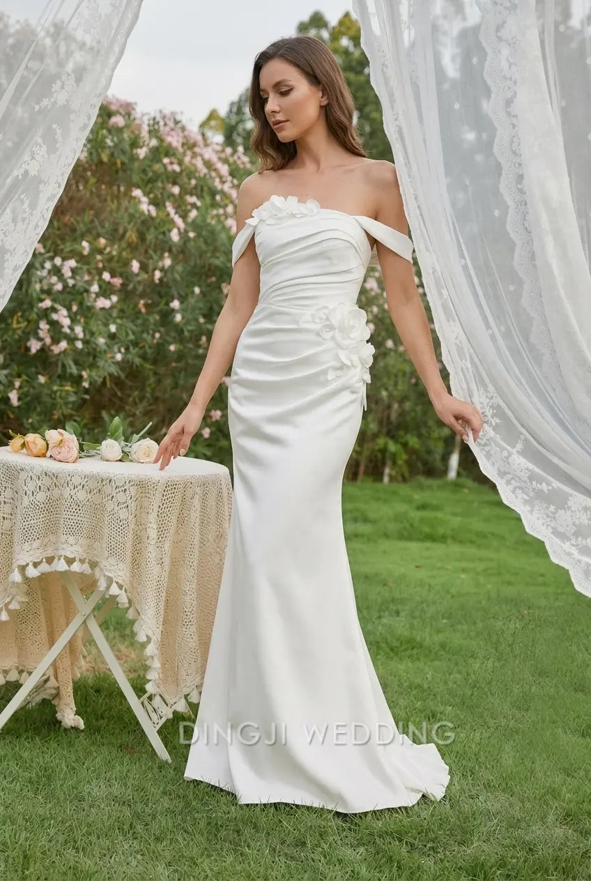 Romantic A-Line Off-Shoulder Sleeveless Floral Draped White Floor-Length Wedding Dresses Bridal Gown