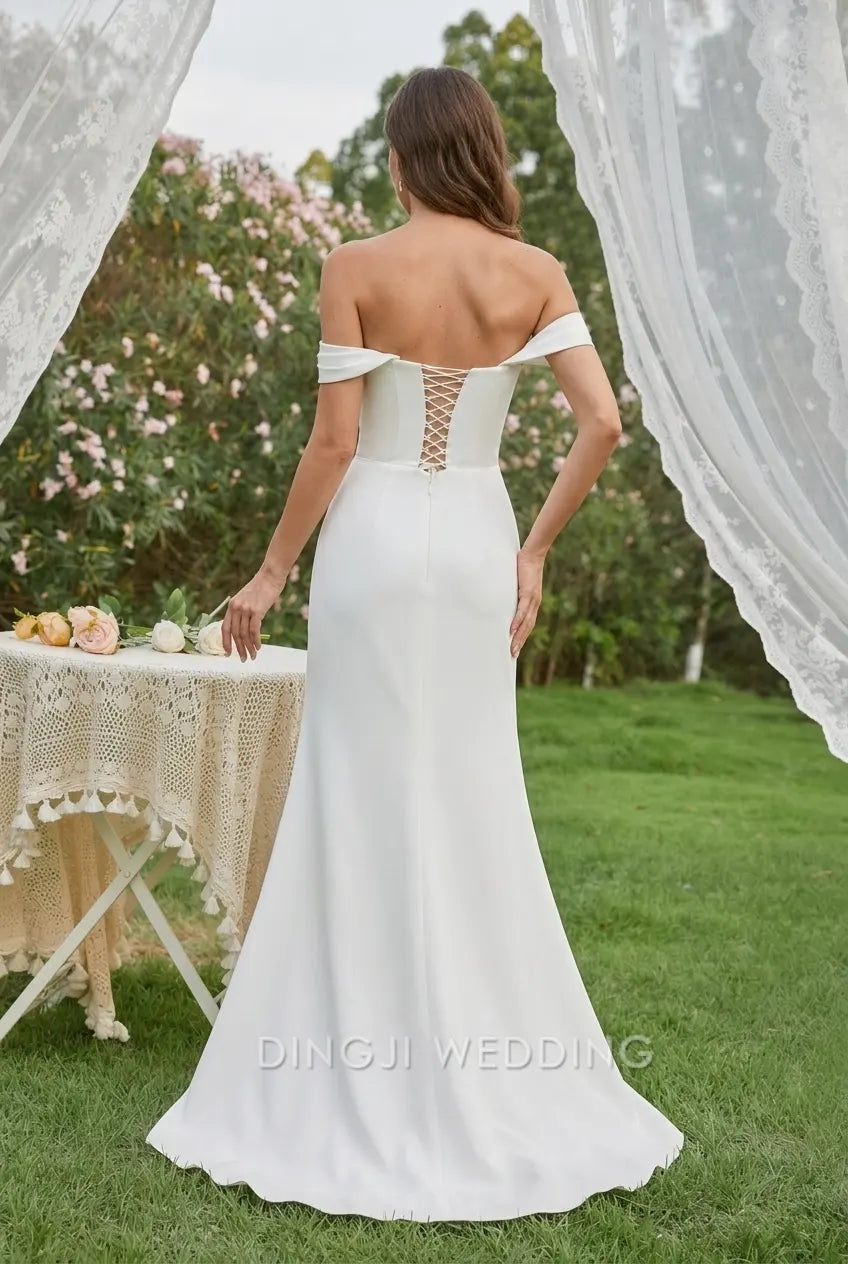 Romantic A-Line Off-Shoulder Sleeveless Floral Draped White Floor-Length Wedding Dresses Bridal Gown