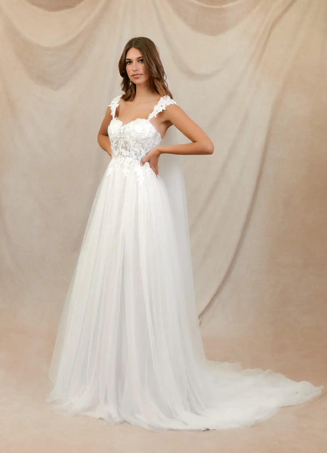 Romantic, Ethereal Aesthetic Floral Lace Tulle A-Line Wedding Dress with Sweetheart Neckline and Sheer Corset