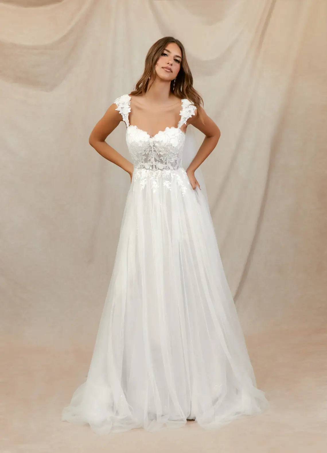 Romantic, Ethereal Aesthetic Floral Lace Tulle A-Line Wedding Dress with Sweetheart Neckline and Sheer Corset