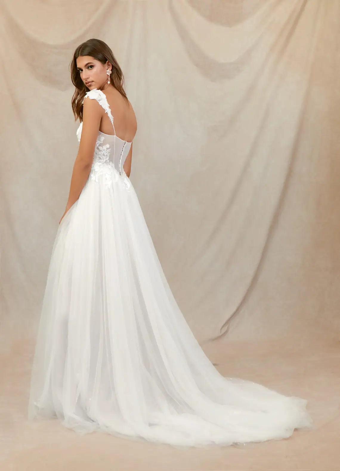 Romantic, Ethereal Aesthetic Floral Lace Tulle A-Line Wedding Dress with Sweetheart Neckline and Sheer Corset