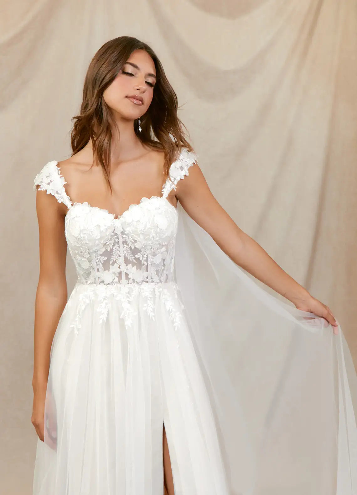 Romantic, Ethereal Aesthetic Floral Lace Tulle A-Line Wedding Dress with Sweetheart Neckline and Sheer Corset
