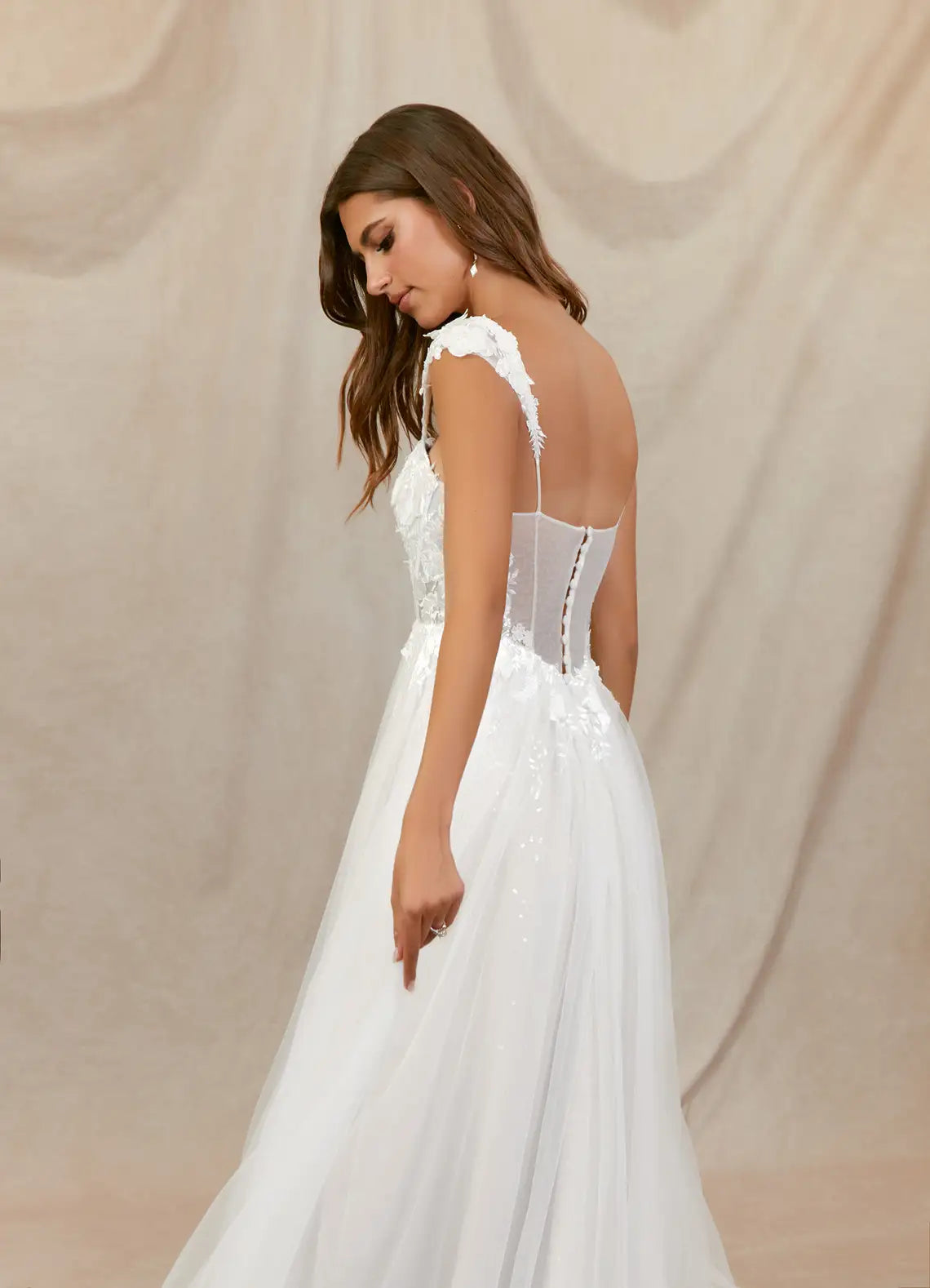 Romantic, Ethereal Aesthetic Floral Lace Tulle A-Line Wedding Dress with Sweetheart Neckline and Sheer Corset
