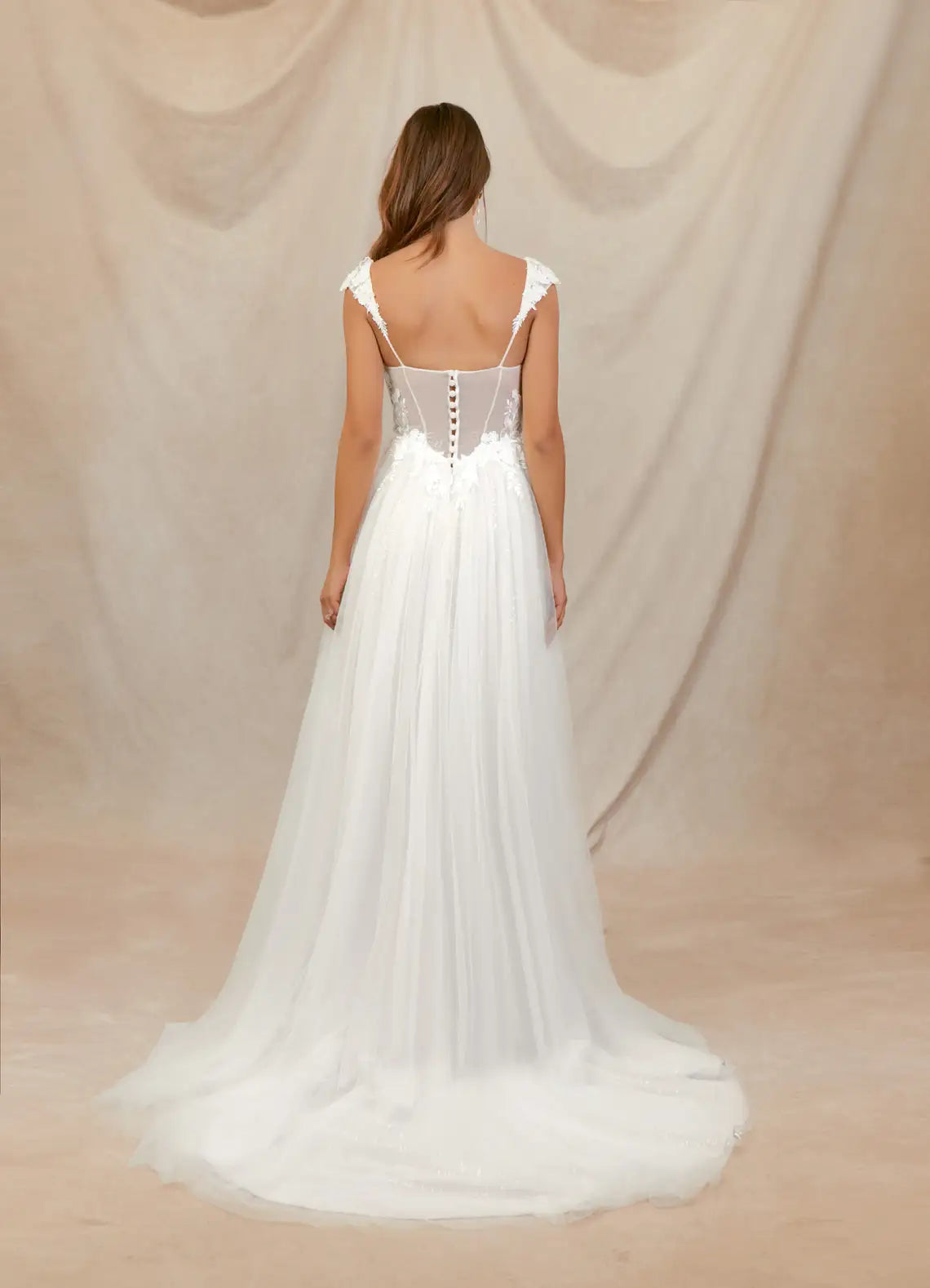 Romantic, Ethereal Aesthetic Floral Lace Tulle A-Line Wedding Dress with Sweetheart Neckline and Sheer Corset