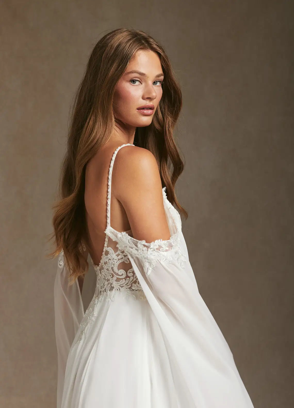 Romantic, glamorous aesthetic Lace & Crepe Mermaid Wedding Dress with Off-the-Shoulder Sleeves and Spaghetti Straps