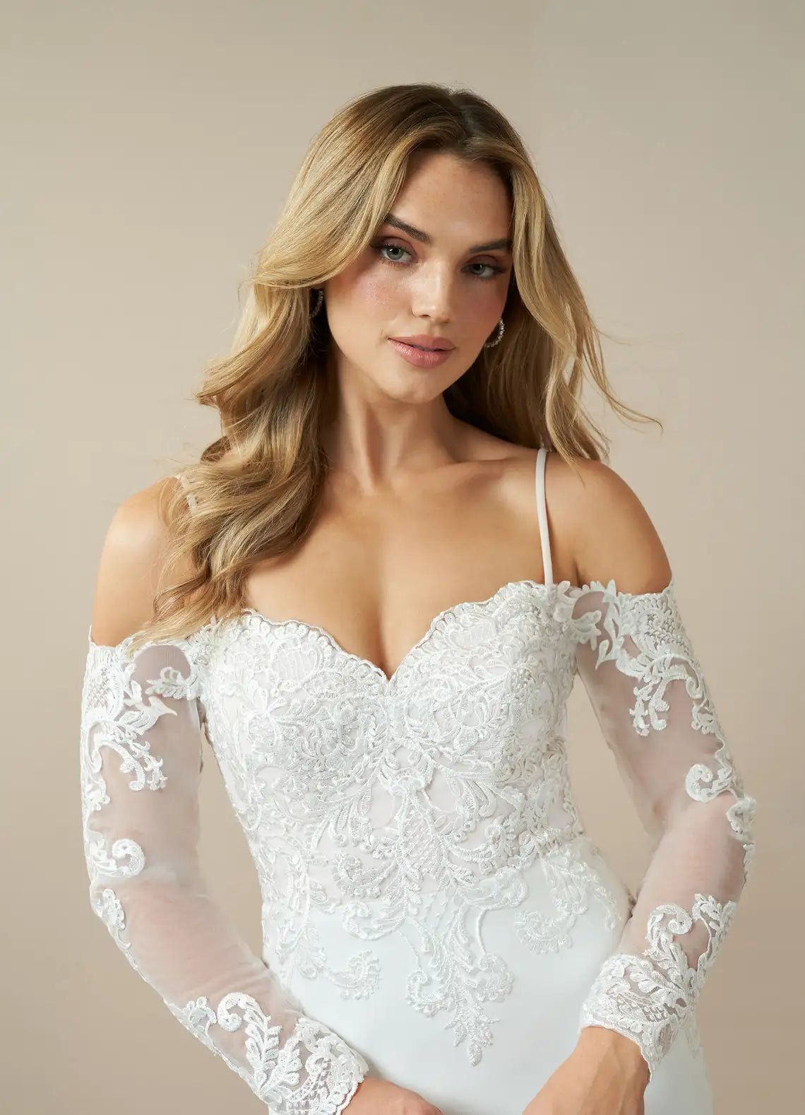 Romantic, glamorous aesthetic Lace & Crepe Mermaid Wedding Dress with Off-the-Shoulder Sleeves and Spaghetti Straps