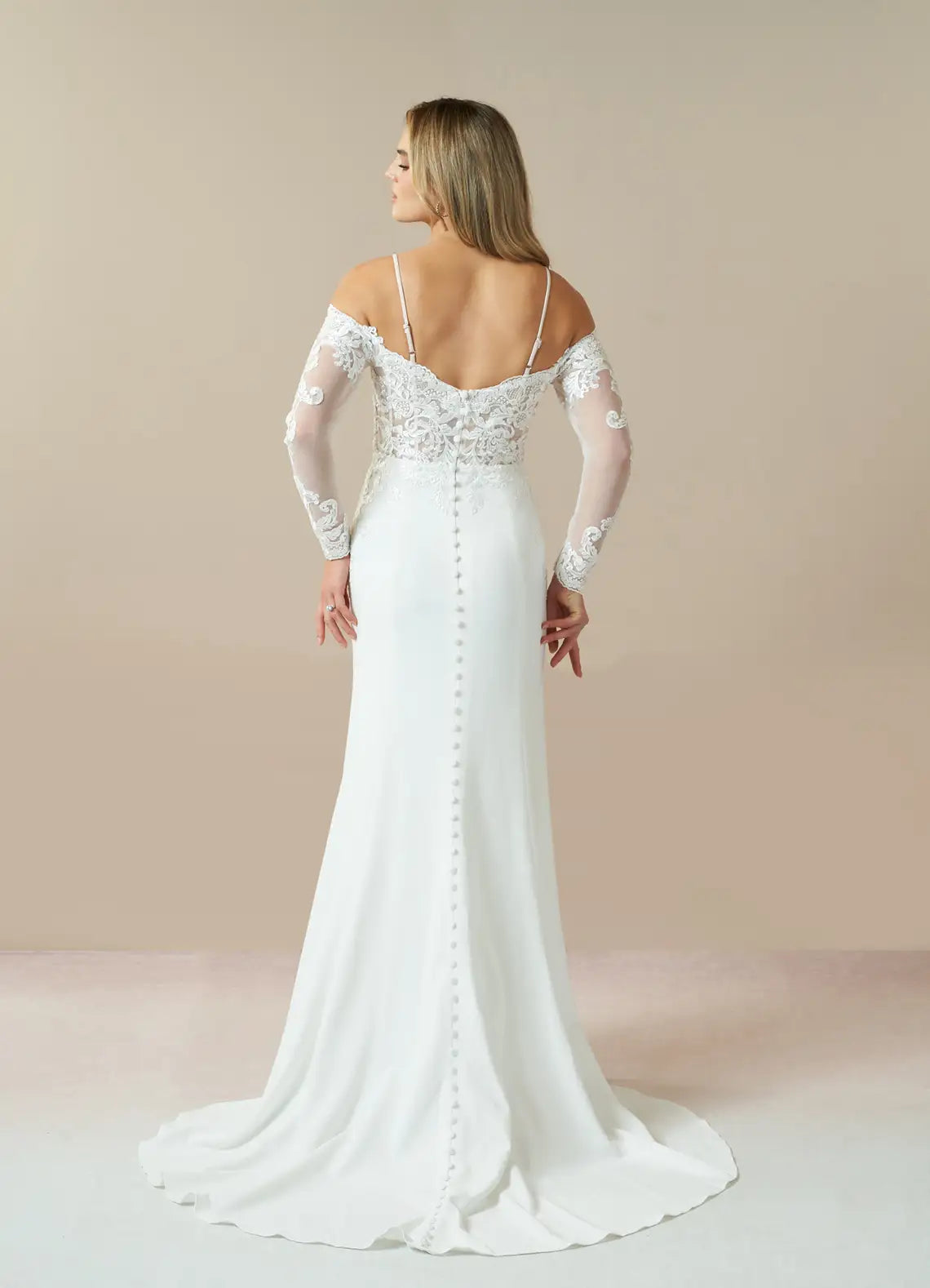 Romantic, glamorous aesthetic Lace & Crepe Mermaid Wedding Dress with Off-the-Shoulder Sleeves and Spaghetti Straps