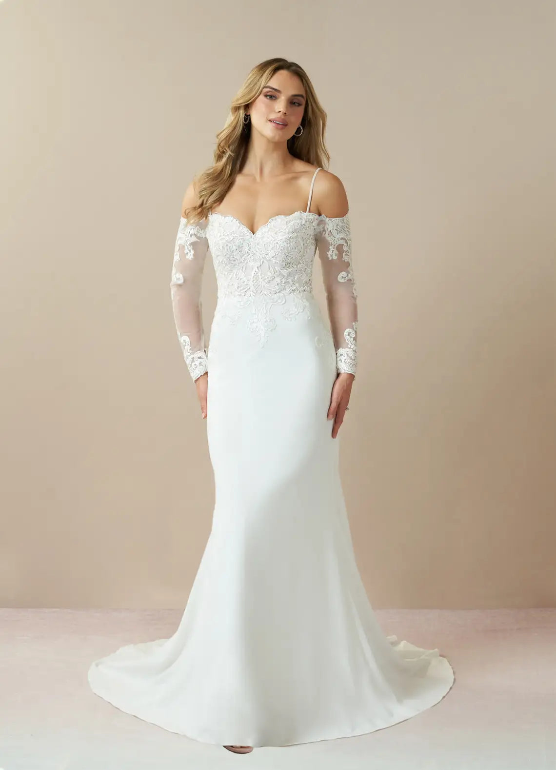 Romantic, glamorous aesthetic Lace & Crepe Mermaid Wedding Dress with Off-the-Shoulder Sleeves and Spaghetti Straps
